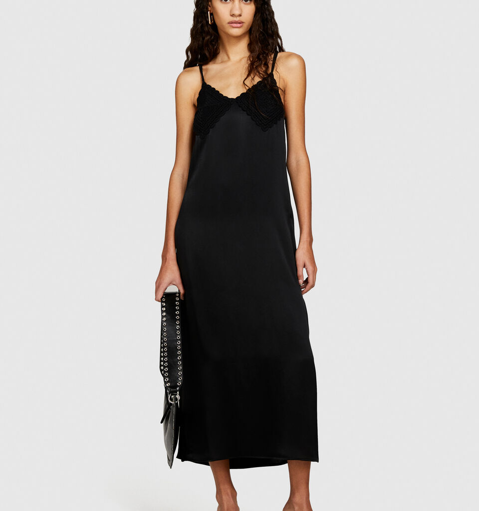 Satin dress with crochet - women's midi dresses - Black | Sisley image number 1
